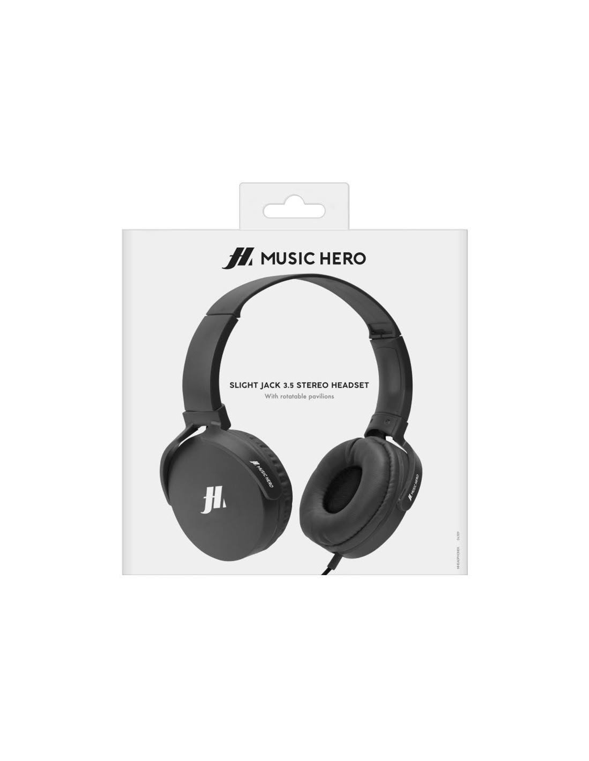 Czarne słuchawki w pudełku, białe tło. Tekst na pudełku.
