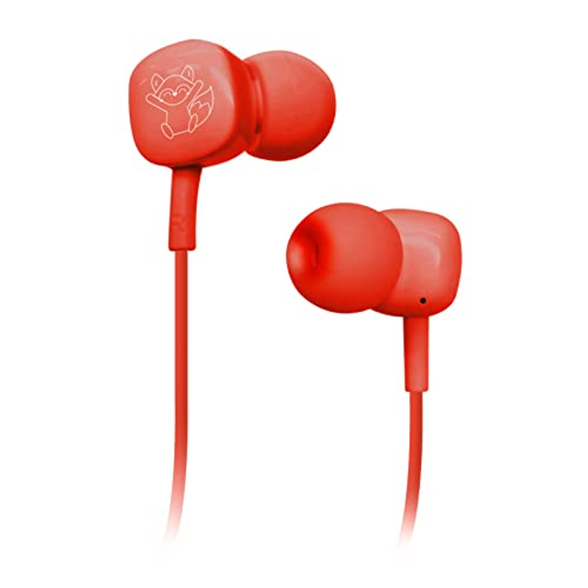 Auriculares rojos. Los auriculares tienen un logo de zorro. Los auriculares están conectados por un cable rojo.