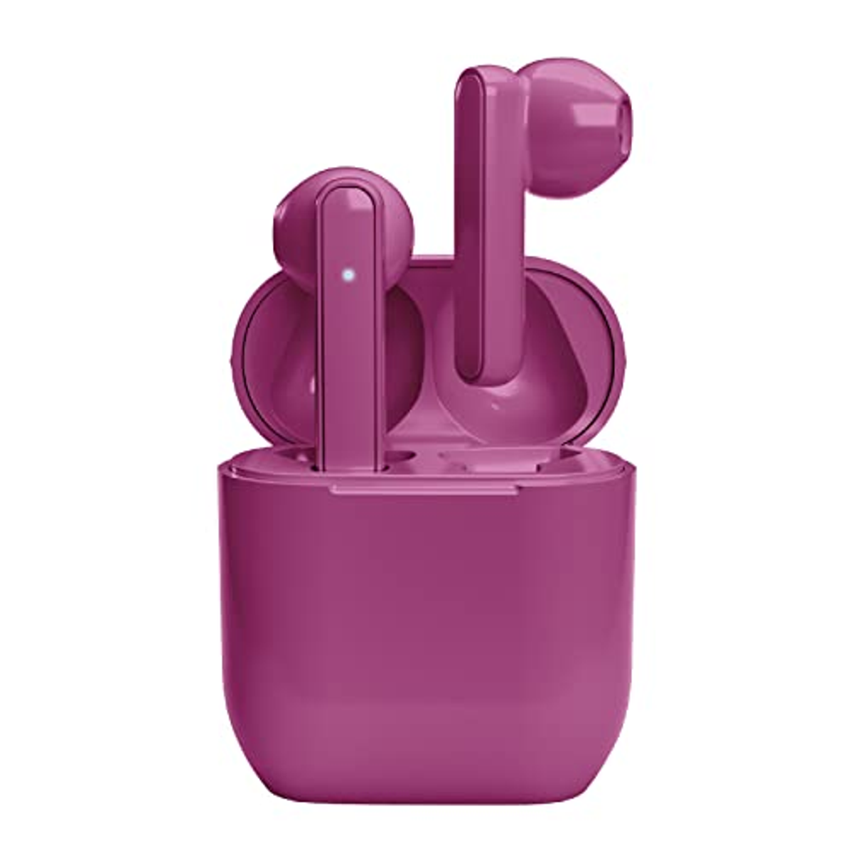 Un paio di auricolari wireless rosa in una custodia di ricarica abbinata. La custodia è aperta, rivelando gli auricolari.