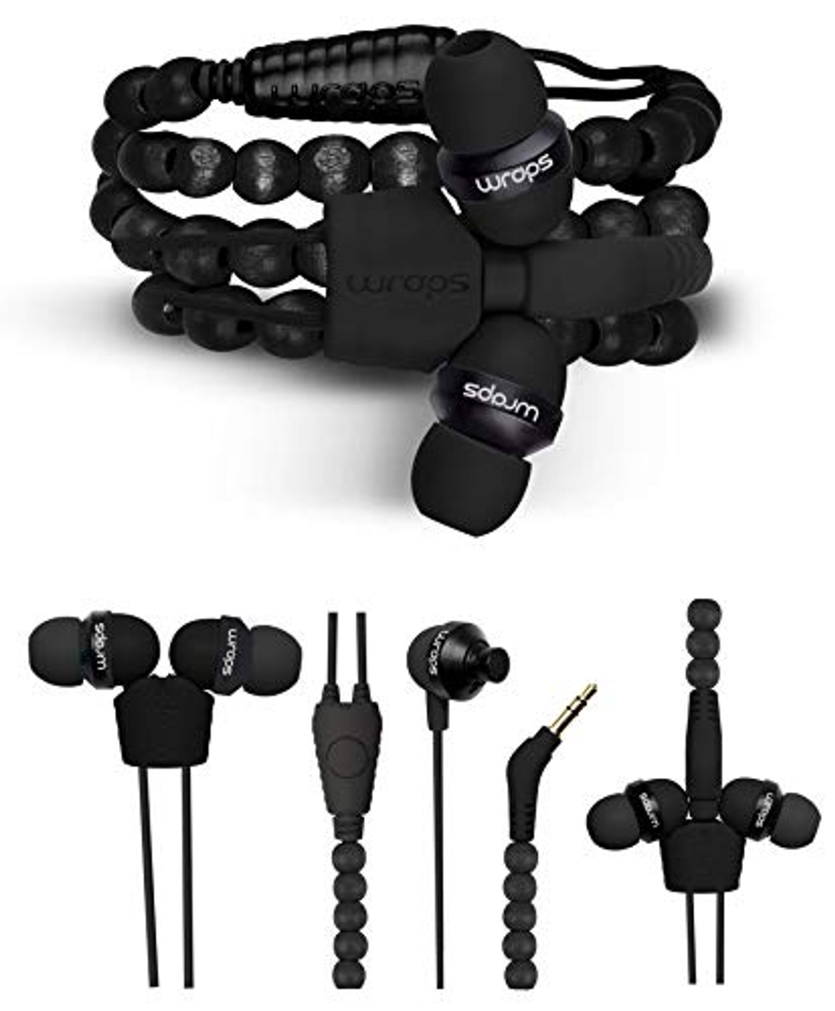 Schwarze Ohrhörer mit einem schwarzen Armband. Die Ohrhörer sind mit 'wroops' beschriftet.