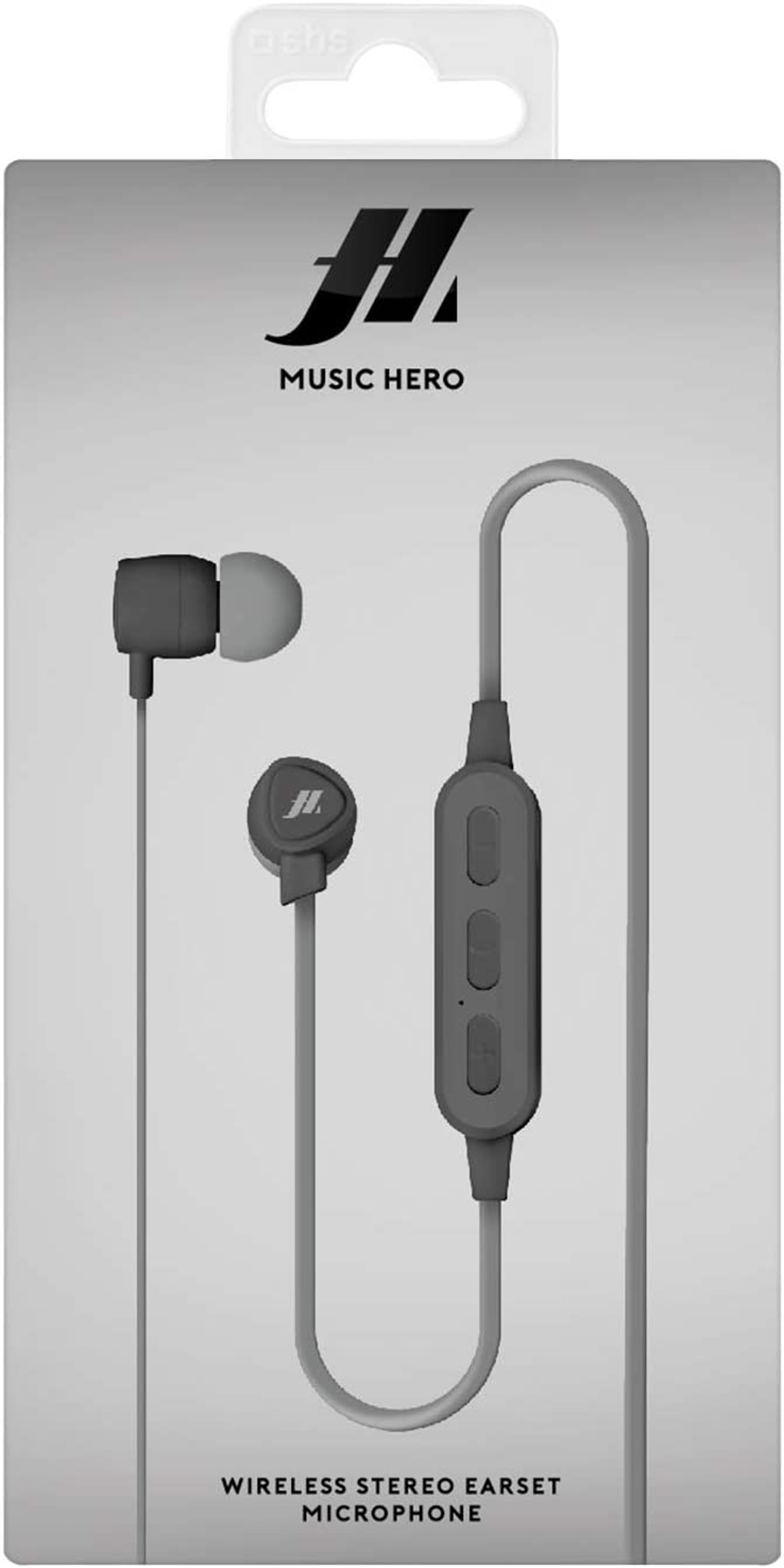 Confezione di auricolari Music Hero grigi. La scatola presenta auricolari e un pannello di controllo.
