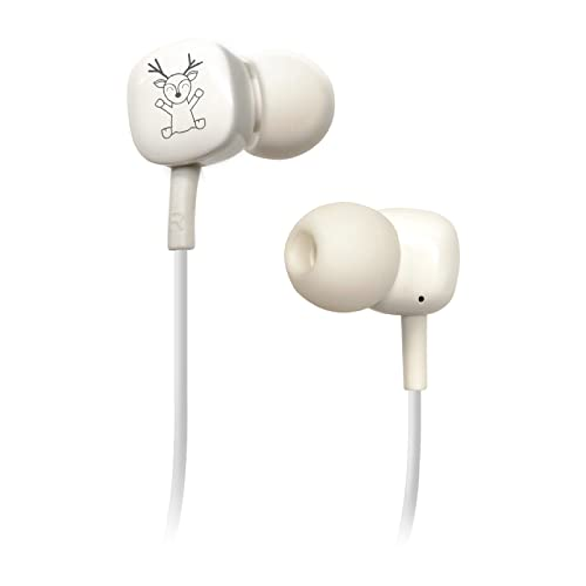 Auriculares blancos con dibujo de ciervo. Fondo blanco. Cable negro.