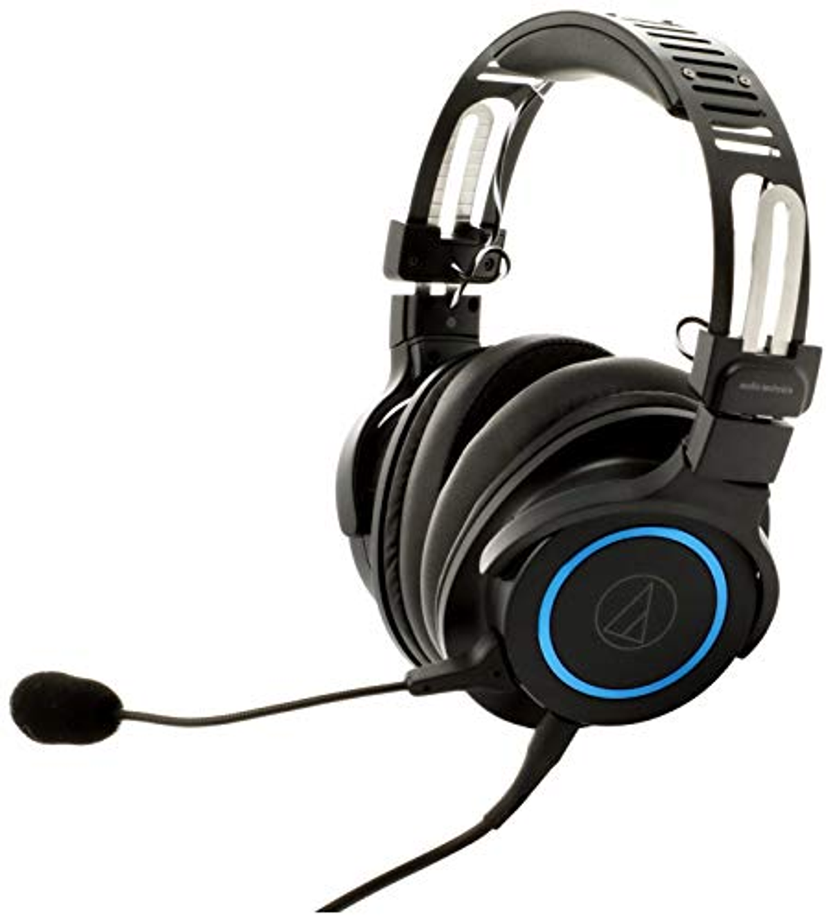 Czarne słuchawki z mikrofonem, niebieski okrąg, na białym tle.