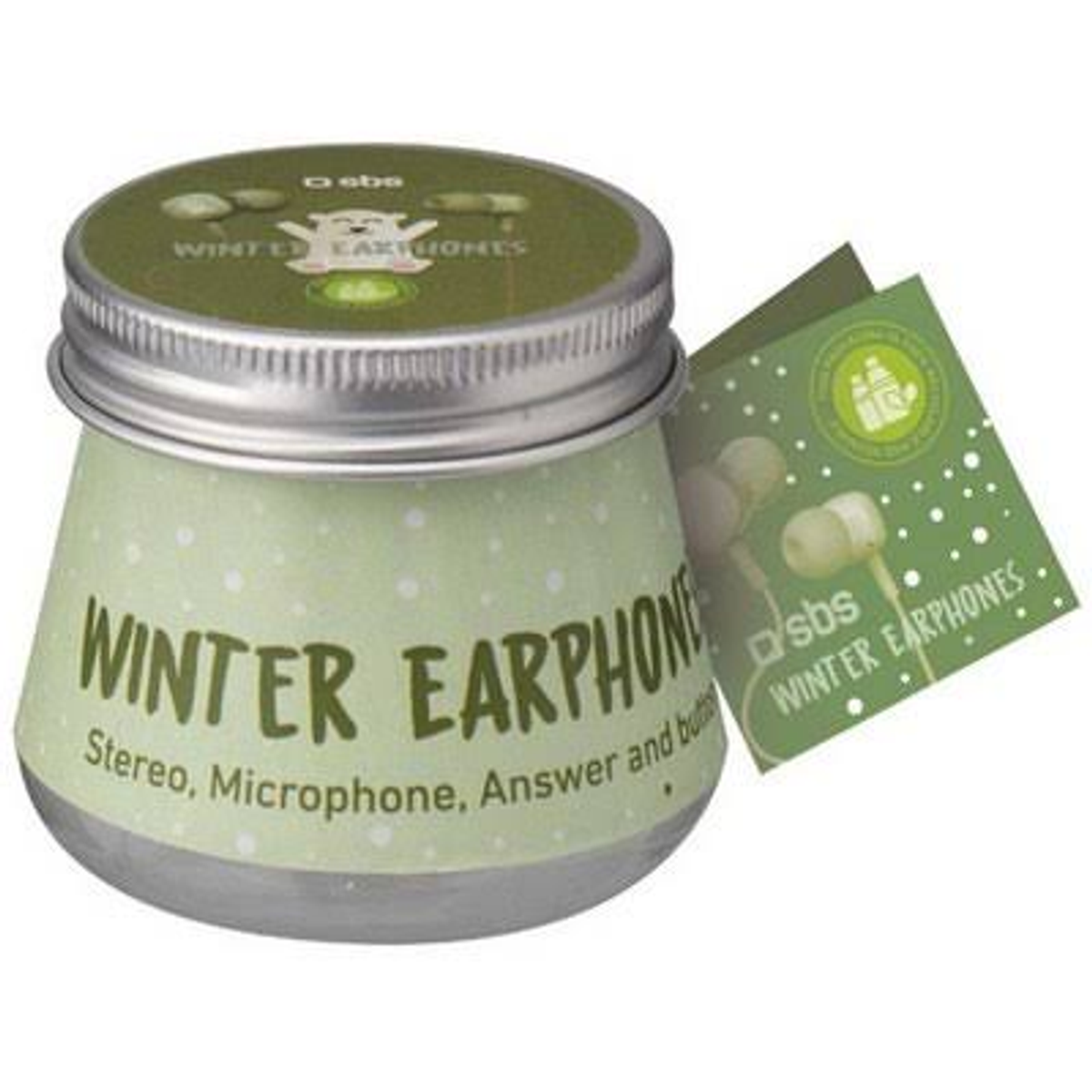 Auriculares en un frasco con tapa y una etiqueta con 'Winter Earphones' y un gráfico de invierno.