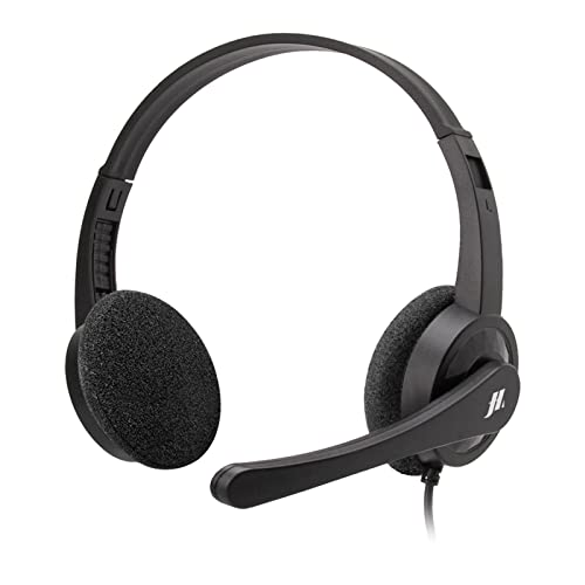 Auriculares negros con micrófono. Los auriculares tienen una diadema y auriculares negros.