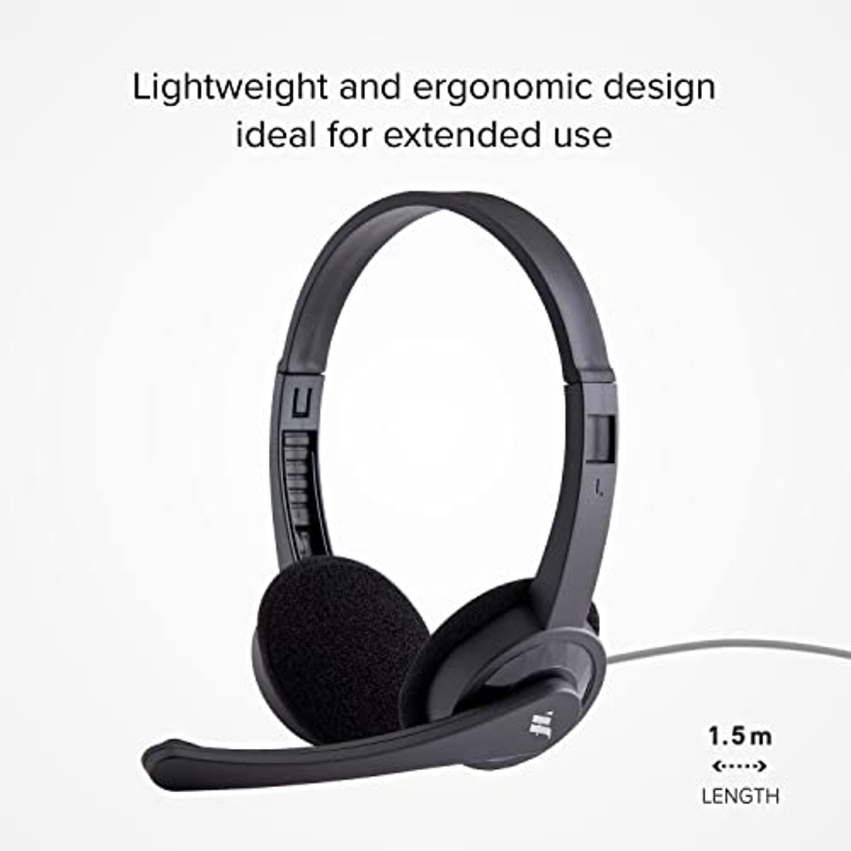 Auriculares negros con micrófono. El texto dice que es ligero y ergonómico.