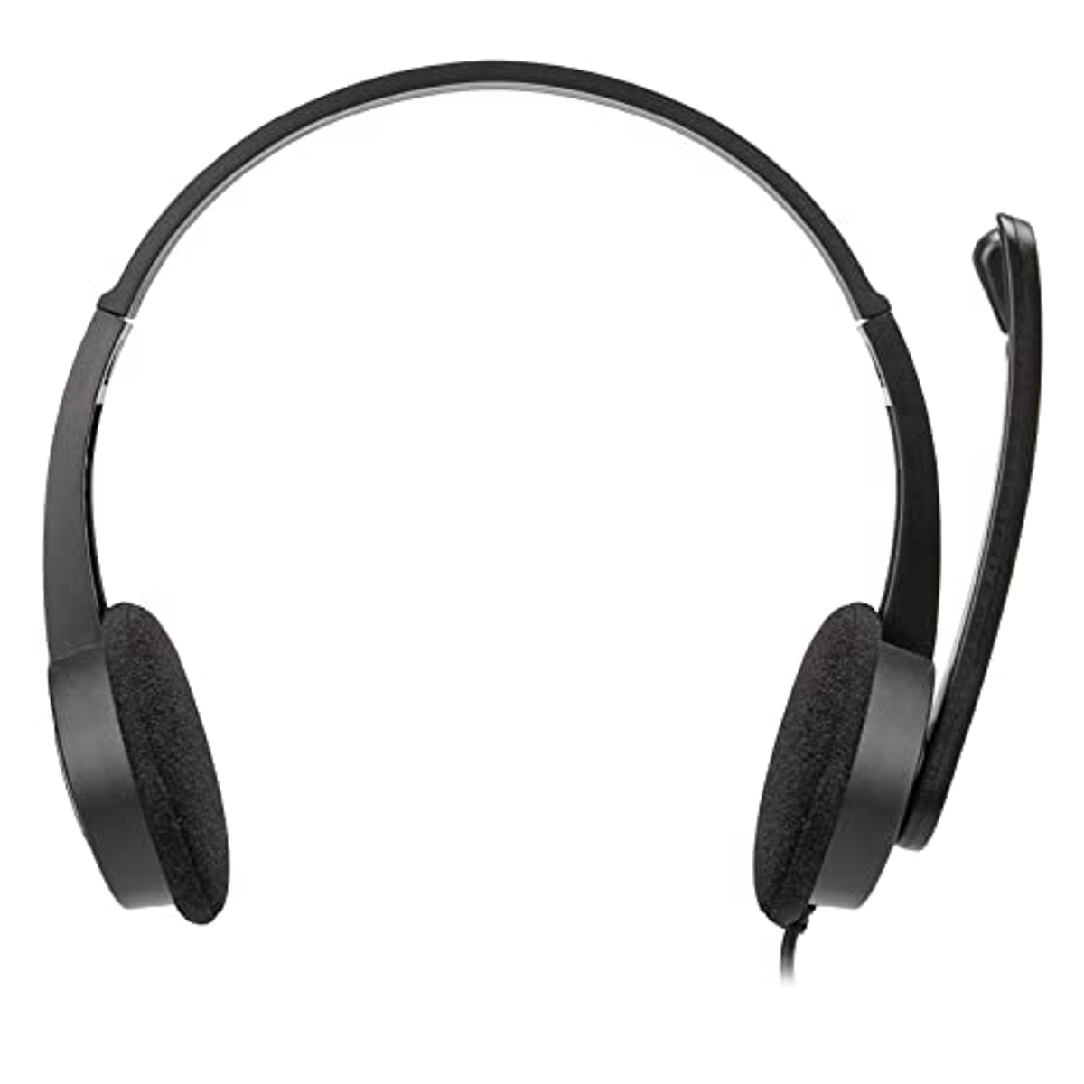 Auriculares negros con micrófono. La diadema y las almohadillas son negras.