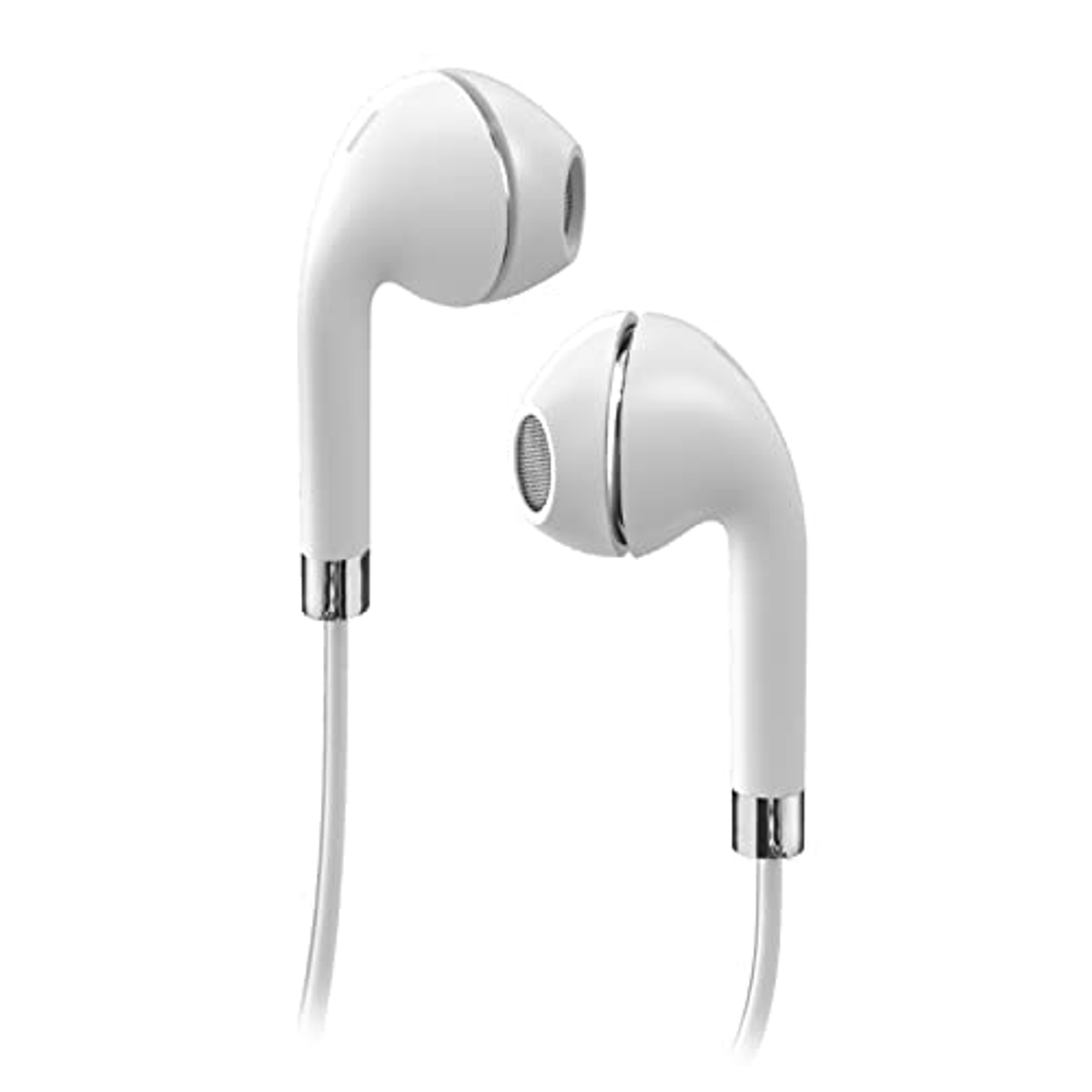 Auriculares blancos con borde plateado y cable blanco sobre fondo blanco.