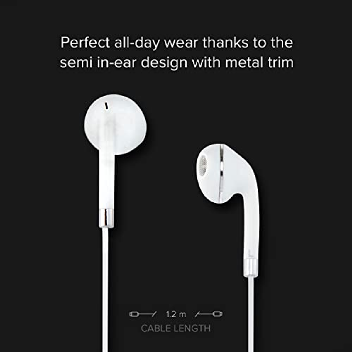 Auriculares blancos con cable. El texto dice: 'Uso perfecto todo el día...'. La longitud del cable es 1,2 m.