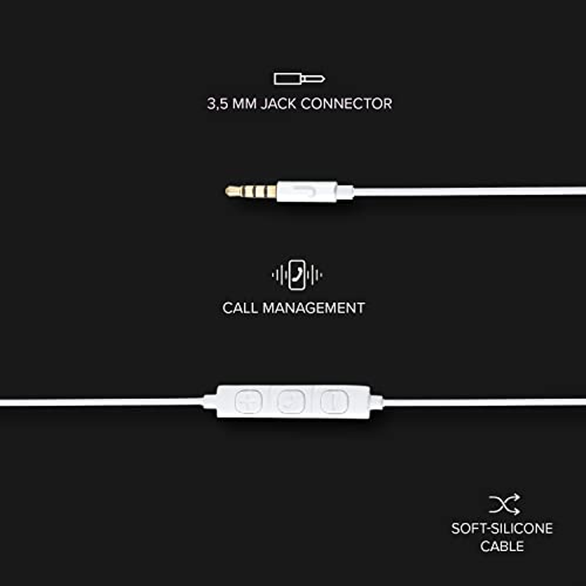 Cable blanco con conector de 3,5 mm, control de gestión de llamadas y diseño de cable de silicona suave.