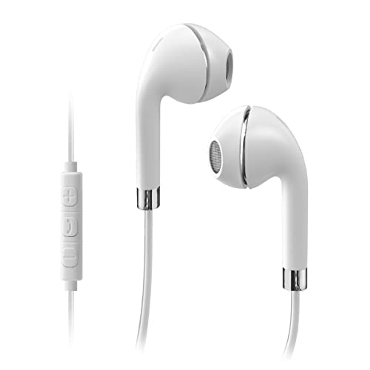 Auriculares blancos con control y fondo blanco. Diseño sencillo.