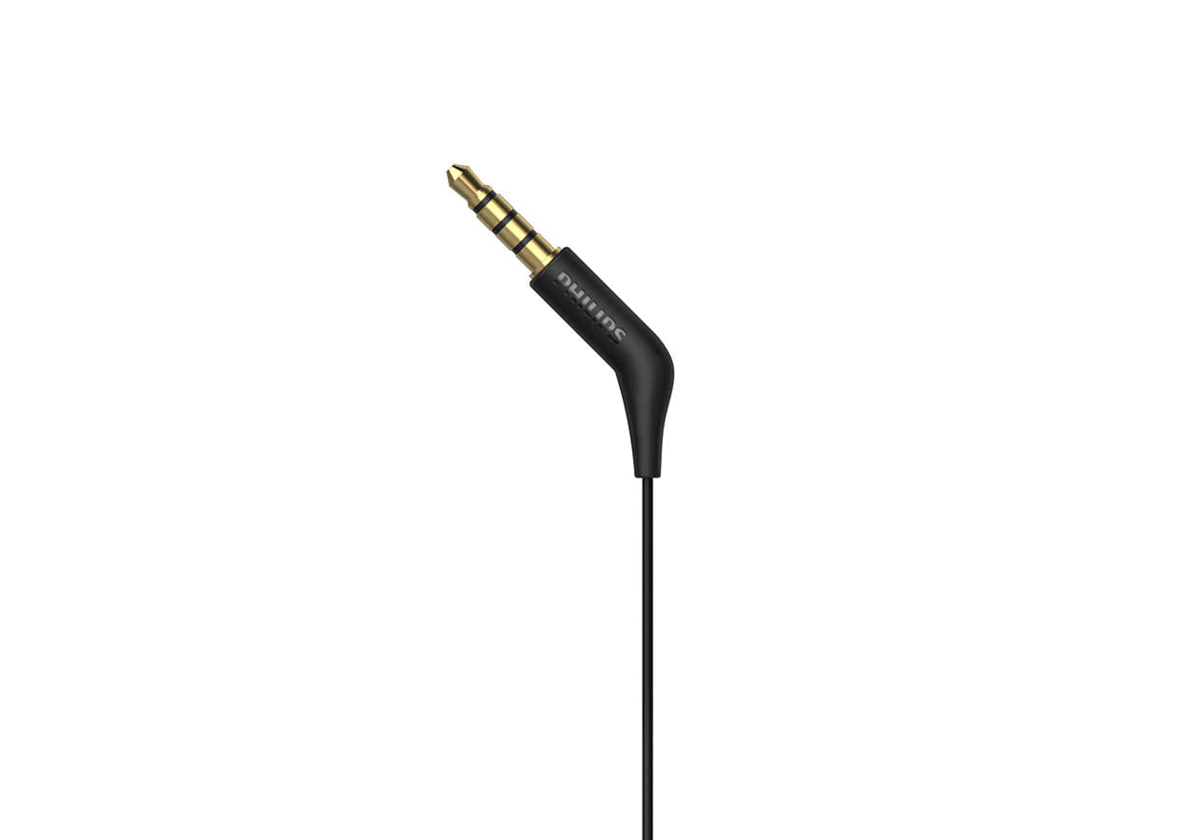 Prise casque noire et dorée avec câble noir, isolée sur fond blanc.