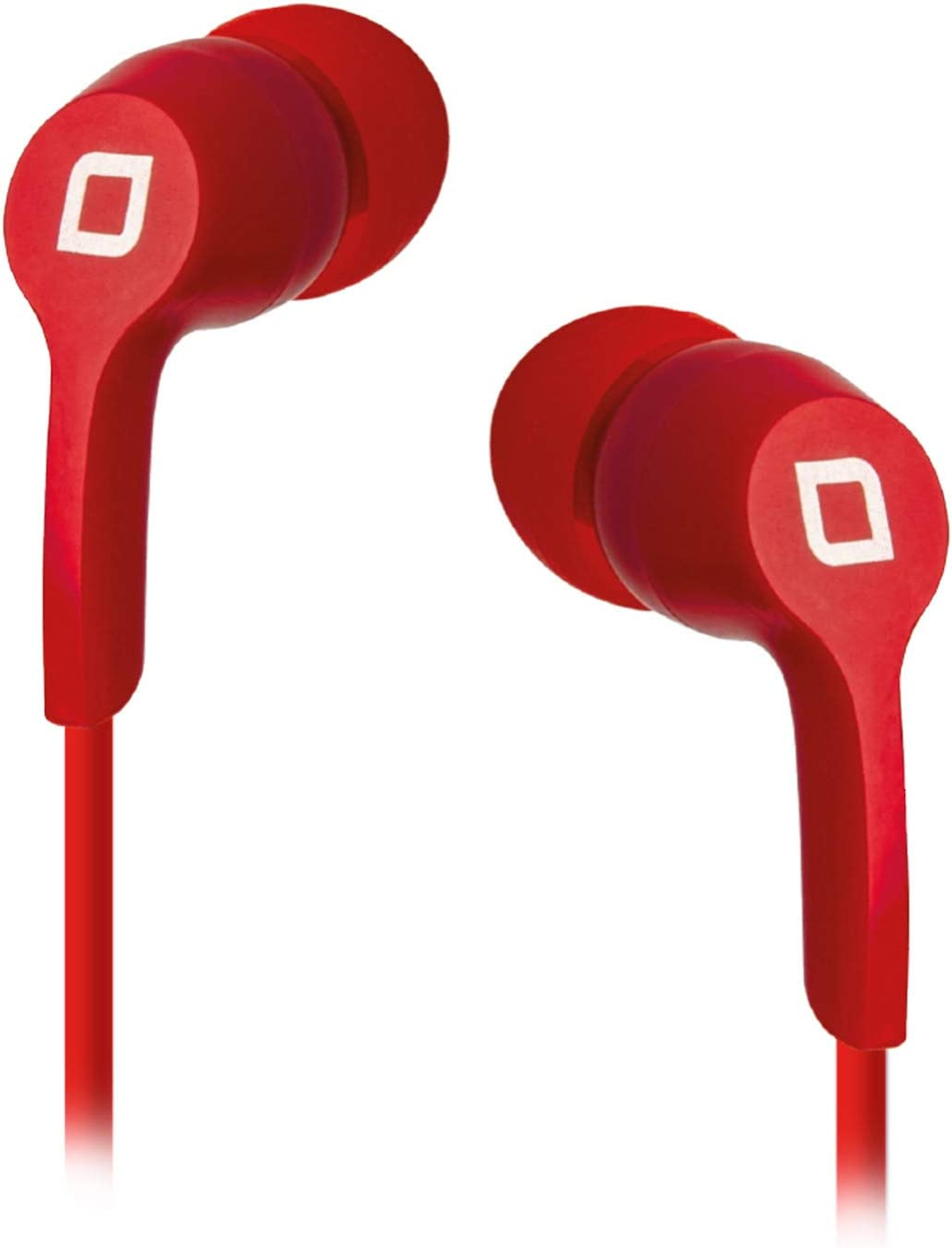 Auriculares rojos con un logotipo cuadrado blanco.