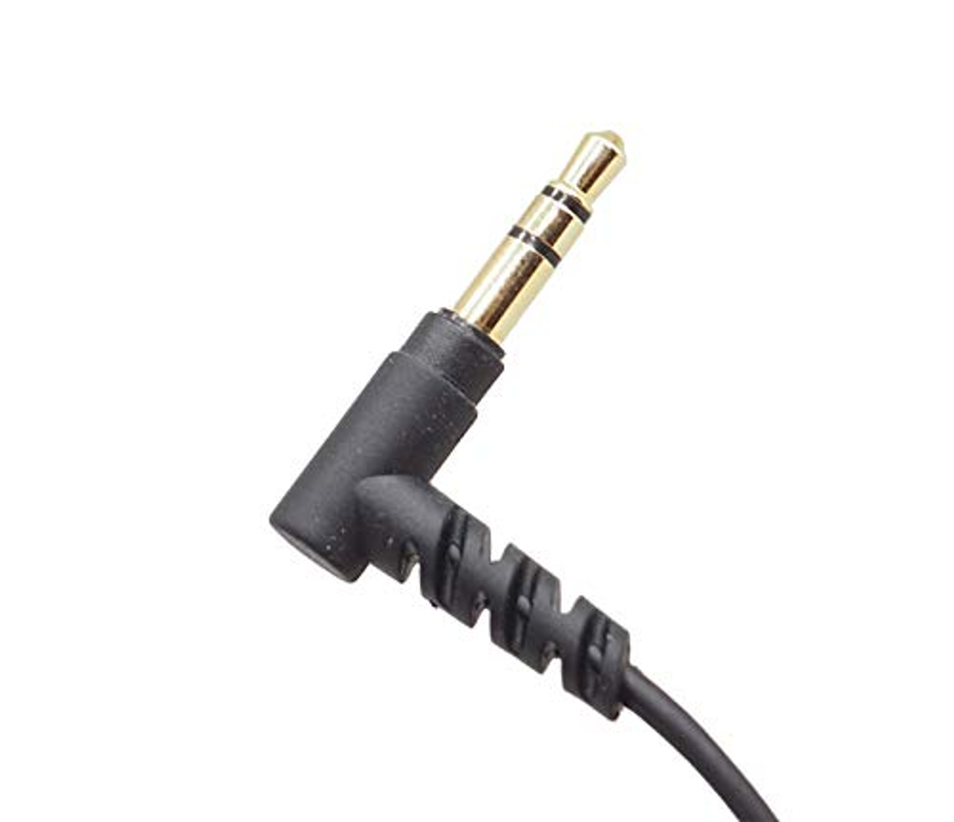 Connettore jack audio nero angolato. Il connettore è nero con punta dorata.