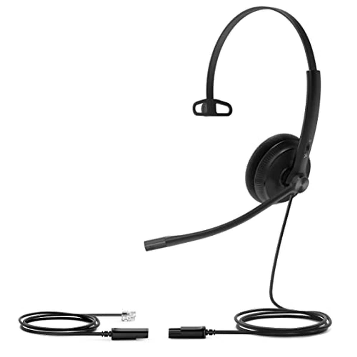 Zwarte headset met een microfoon en een kabel met connectoren.