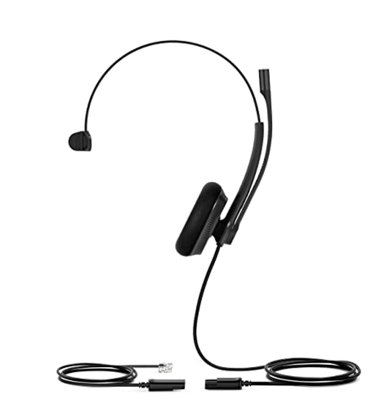 Zwarte headset met een microfoon en twee kabels. Eén kabel heeft een connector.