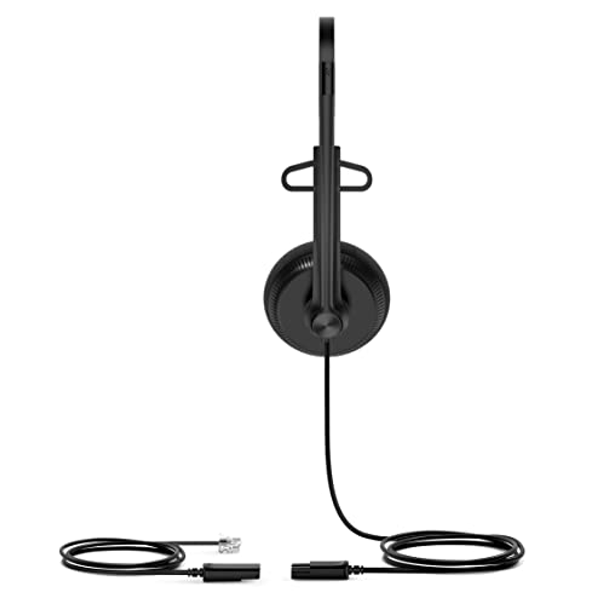Zwarte telefoonheadset met één oortje en een microfoon. Het heeft een lange kabel met connectoren.