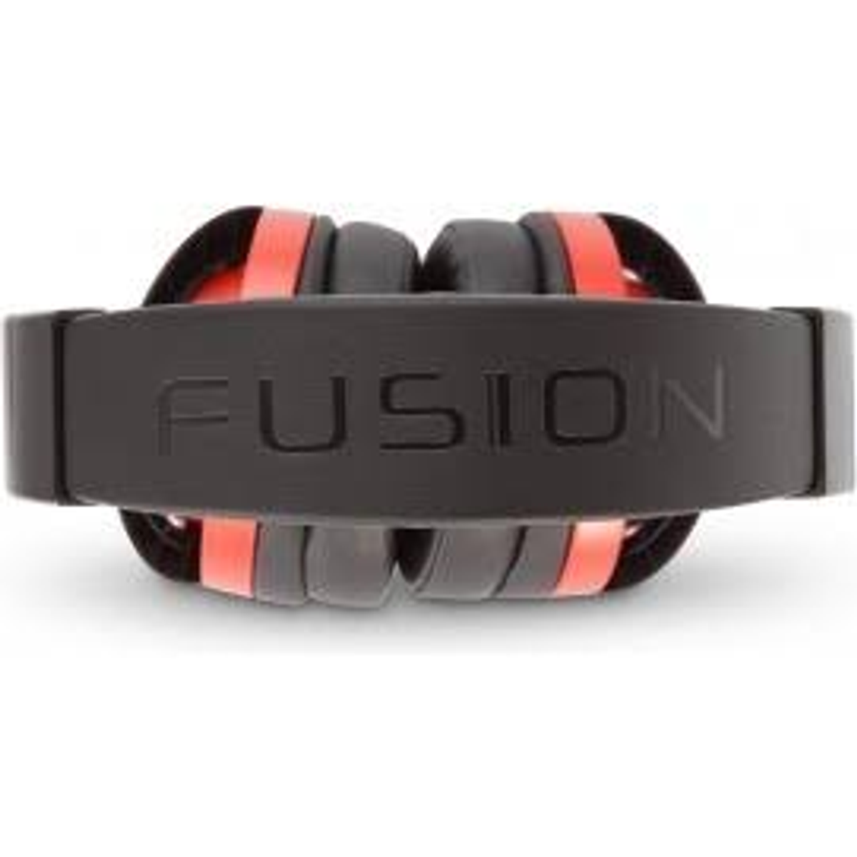 Czarne słuchawki z czerwonymi akcentami, napis 'FUSION' na opasce.