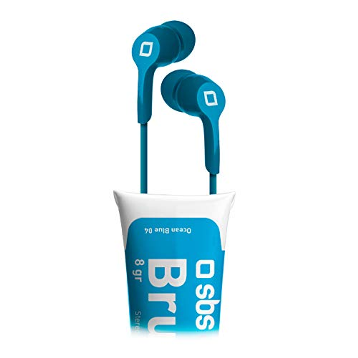 Auriculares azules con un paquete azul y blanco con la etiqueta 'Bru'. Fondo blanco.