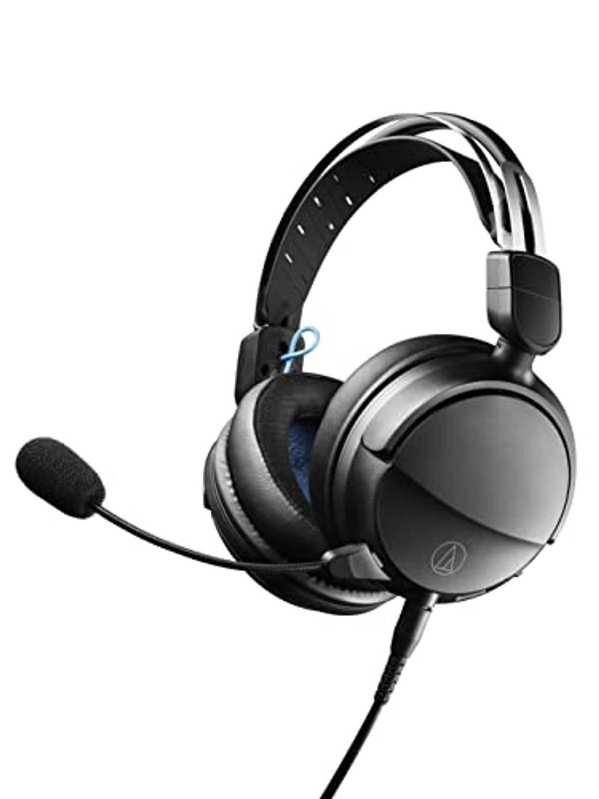 Czarny zestaw słuchawkowy z mikrofonem. Ma pałąk i nauszniki.