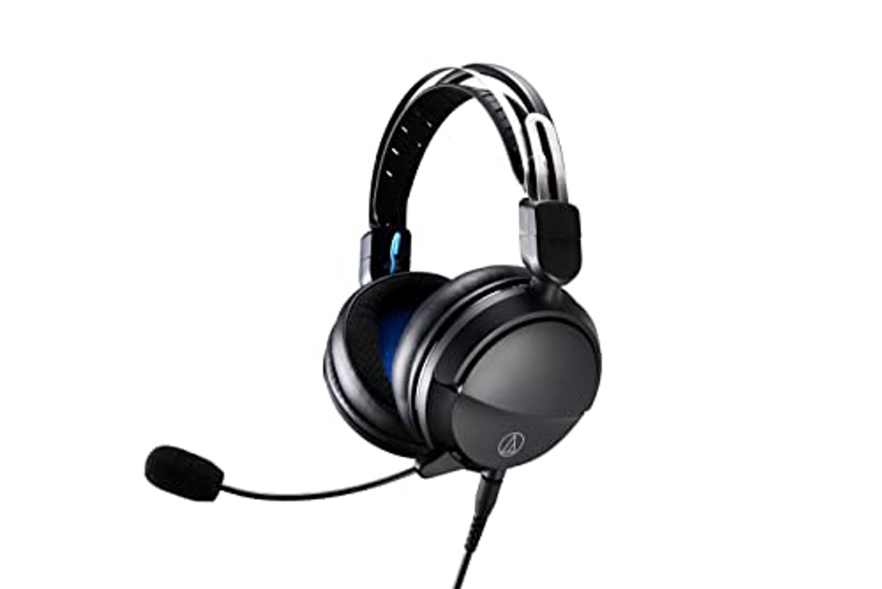 Czarne słuchawki ze srebrnym paskiem na pałąku. Obecny jest mikrofon.