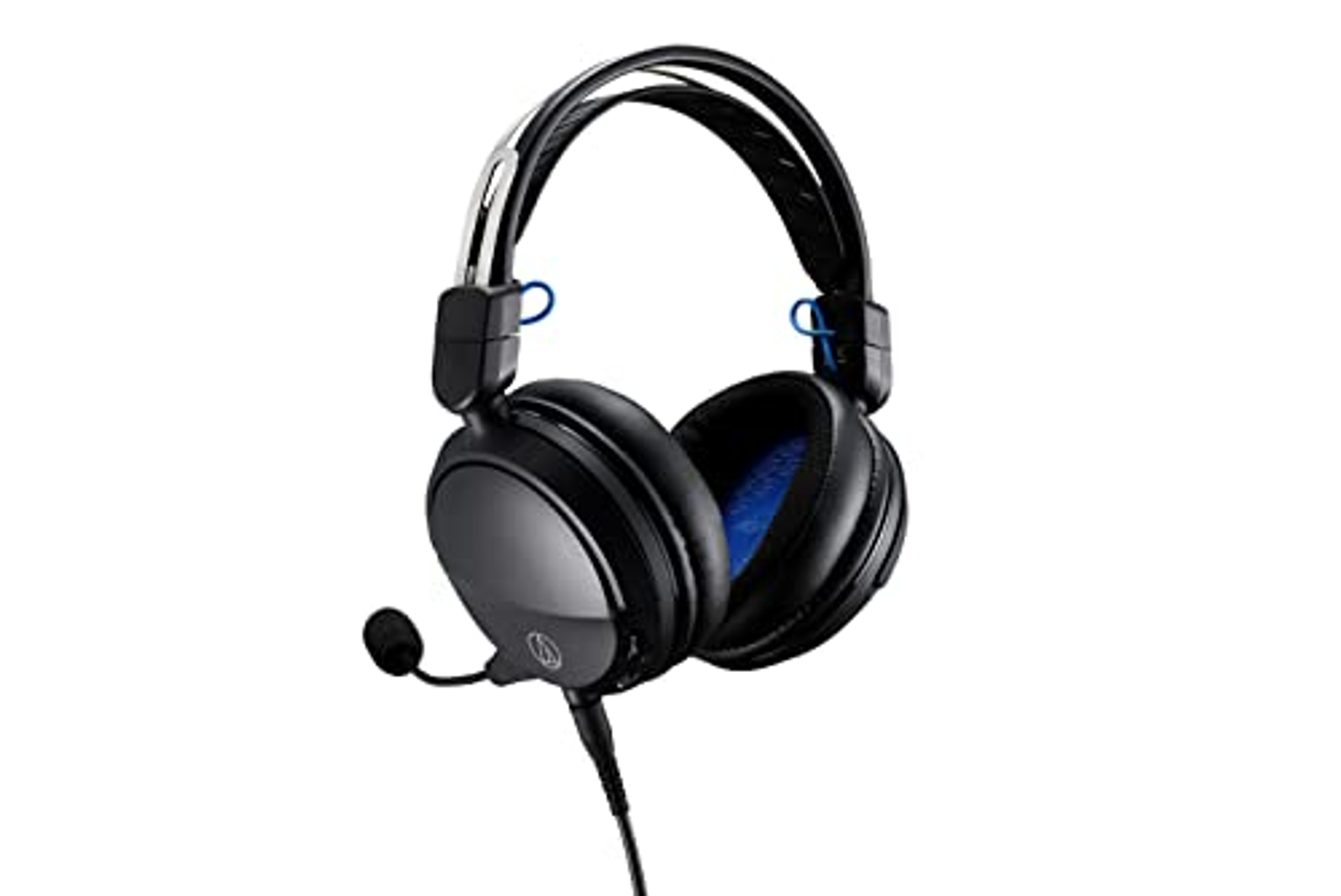 Czarny i srebrny zestaw słuchawkowy Audio-Technica z mikrofonem. Ma niebieskie akcenty i białe tło.