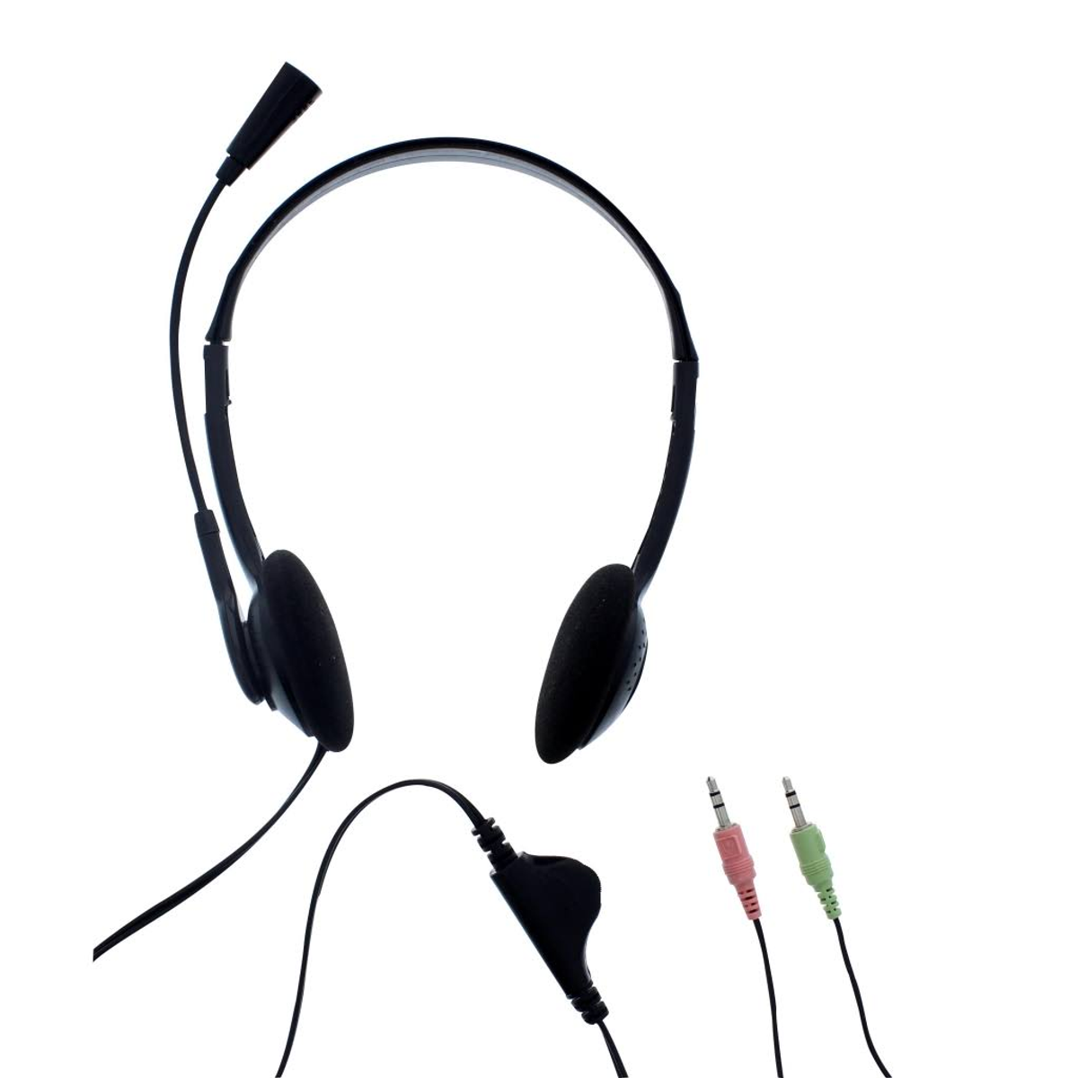 Czarne słuchawki z mikrofonem. Widoczne różowe i zielone gniazda audio.