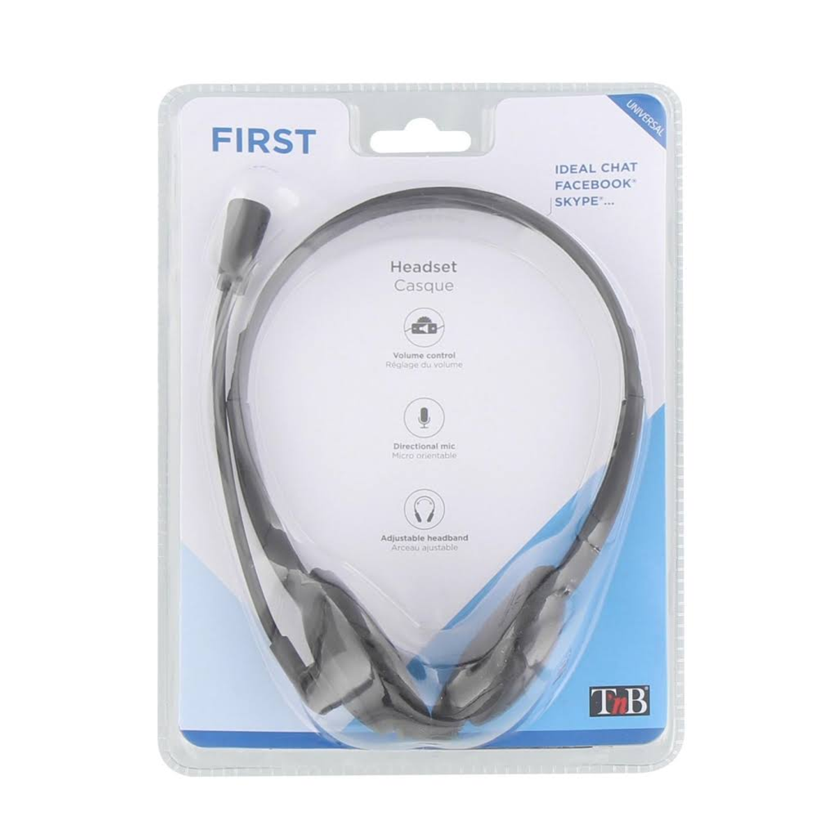 Zestaw słuchawkowy w opakowaniu. Czarny i szary zestaw słuchawkowy z mikrofonem i regulacją głośności, na białym tle.