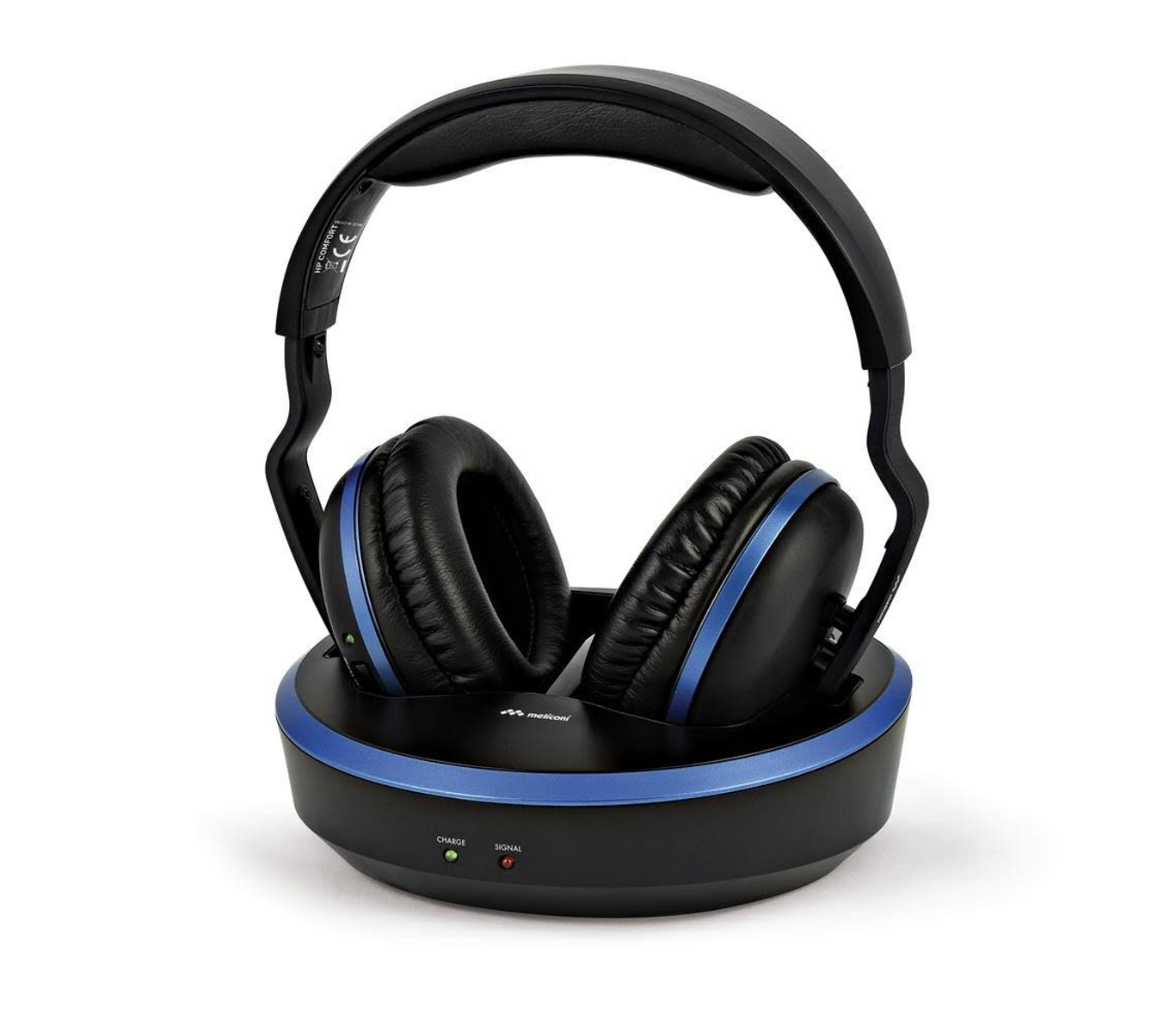 Czarne i niebieskie słuchawki z podstawą ładującą. Podstawa ze wskaźnikami 'CHARGE' i 'SIGNAL'.