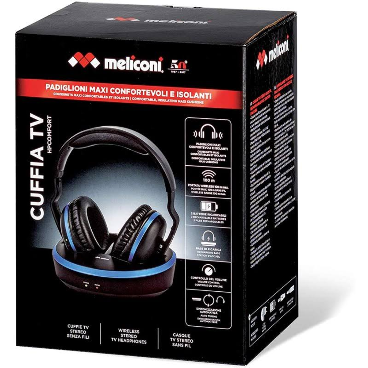 Czarne i niebieskie słuchawki w pudełku. Pudełko zawiera tekst i grafikę. Białe tło.