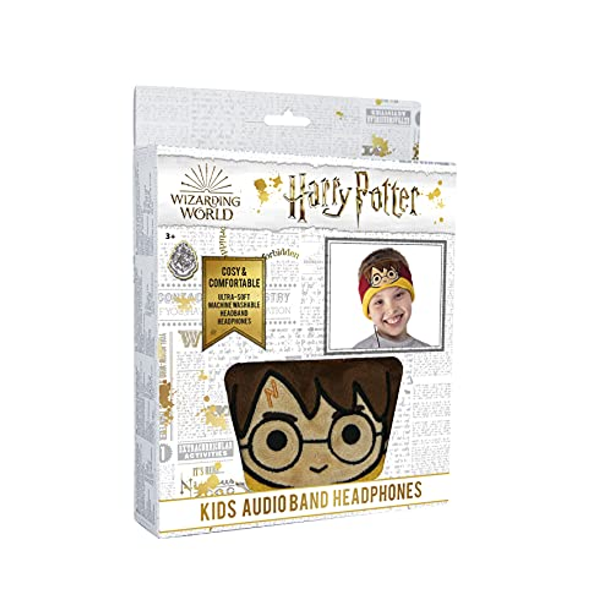 Eine Harry Potter-Box zeigt einen Jungen mit Stirnband. Der Text lautet "Kids Audio Band Headphones".