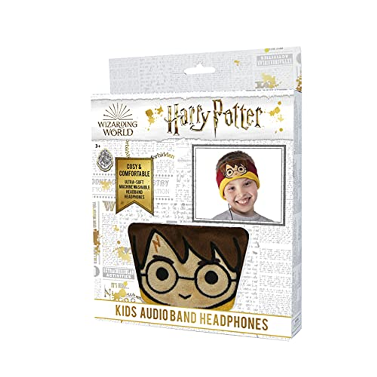 Box mit Harry Potter Kopfhörern. Die Kopfhörer sind im Stirnband-Stil und zeigen Harrys Gesicht.