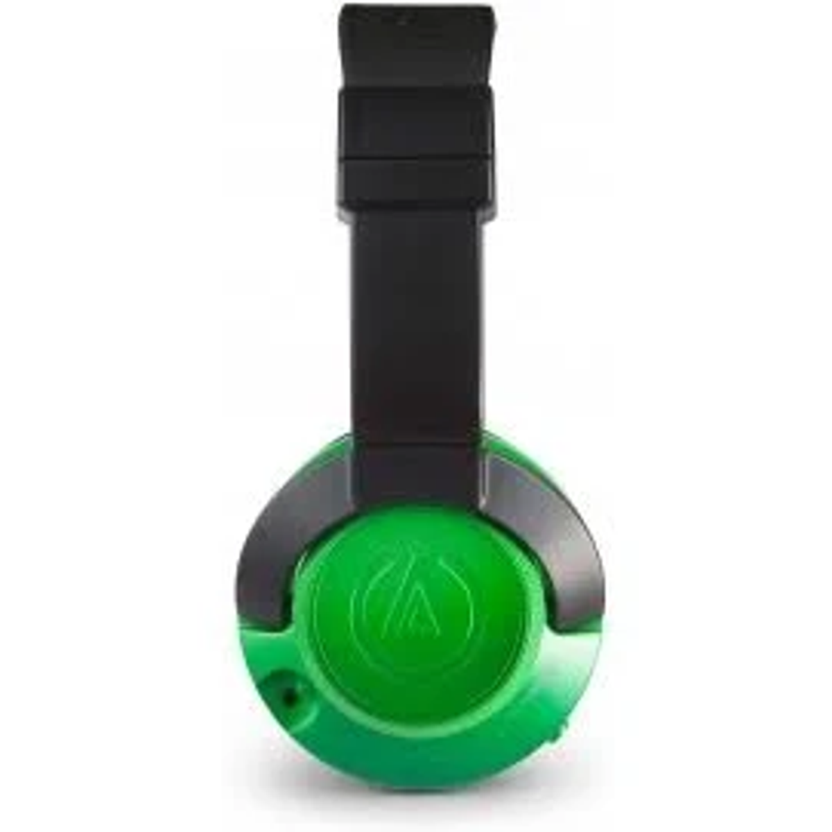 Grüne und schwarze Kopfhörer, Draufsicht. Schwarzes Kopfband und grüne Ohrmuscheln mit Logo.