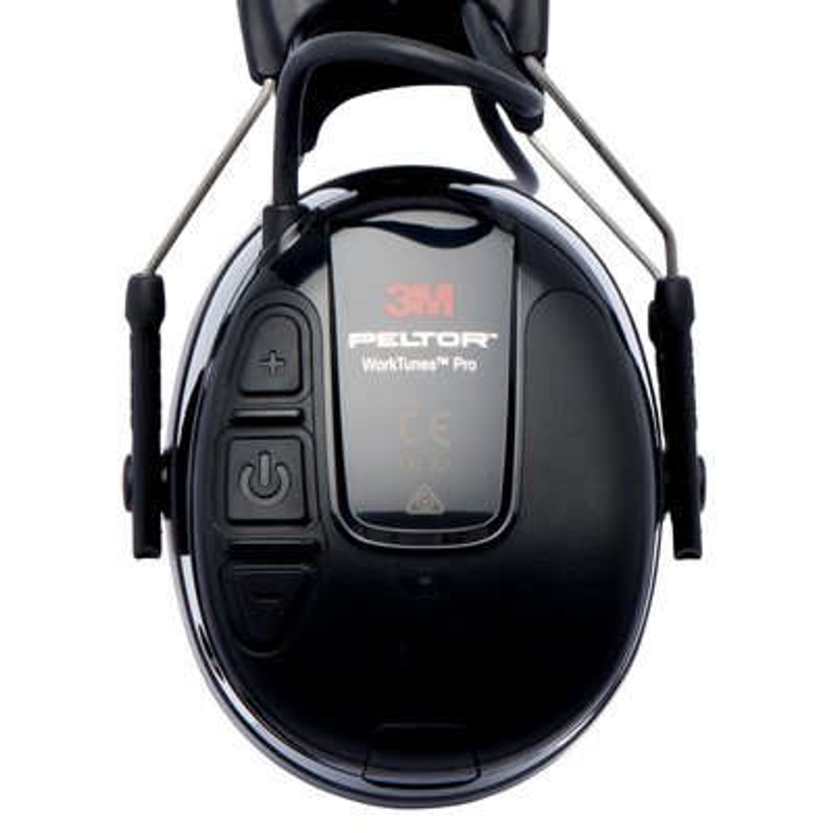Schwarze Over-Ear-Kopfhörer mit Steuertasten. Die Marke ist '3M PELTOR WorkTunes Pro'.