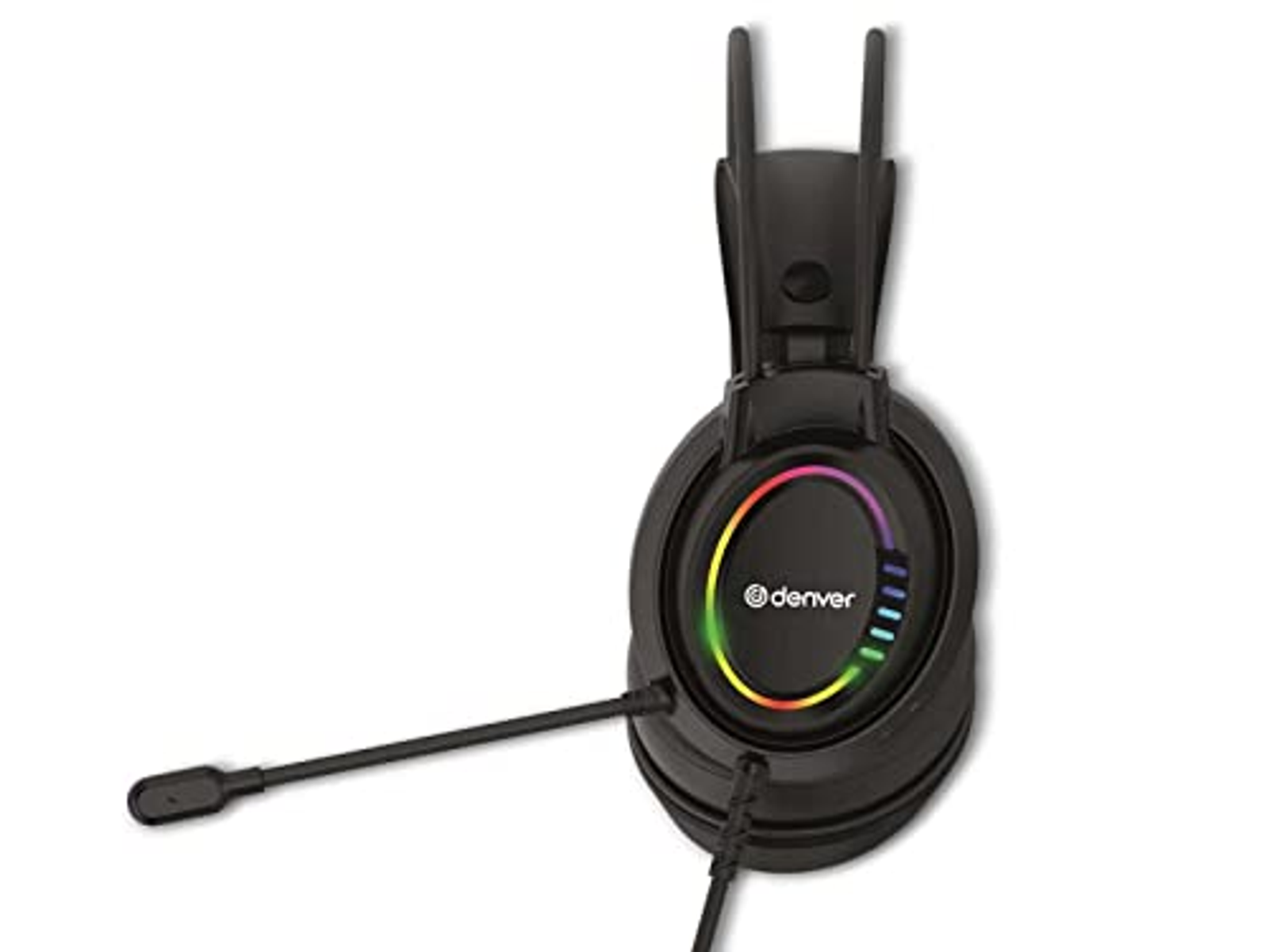 Auriculares Denver negros con anillo de luz de colores y micrófono, sobre blanco.