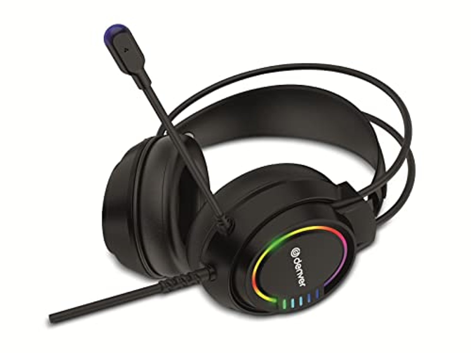 Auriculares gaming negros con micrófono y luces RGB. Marca '@denver'.