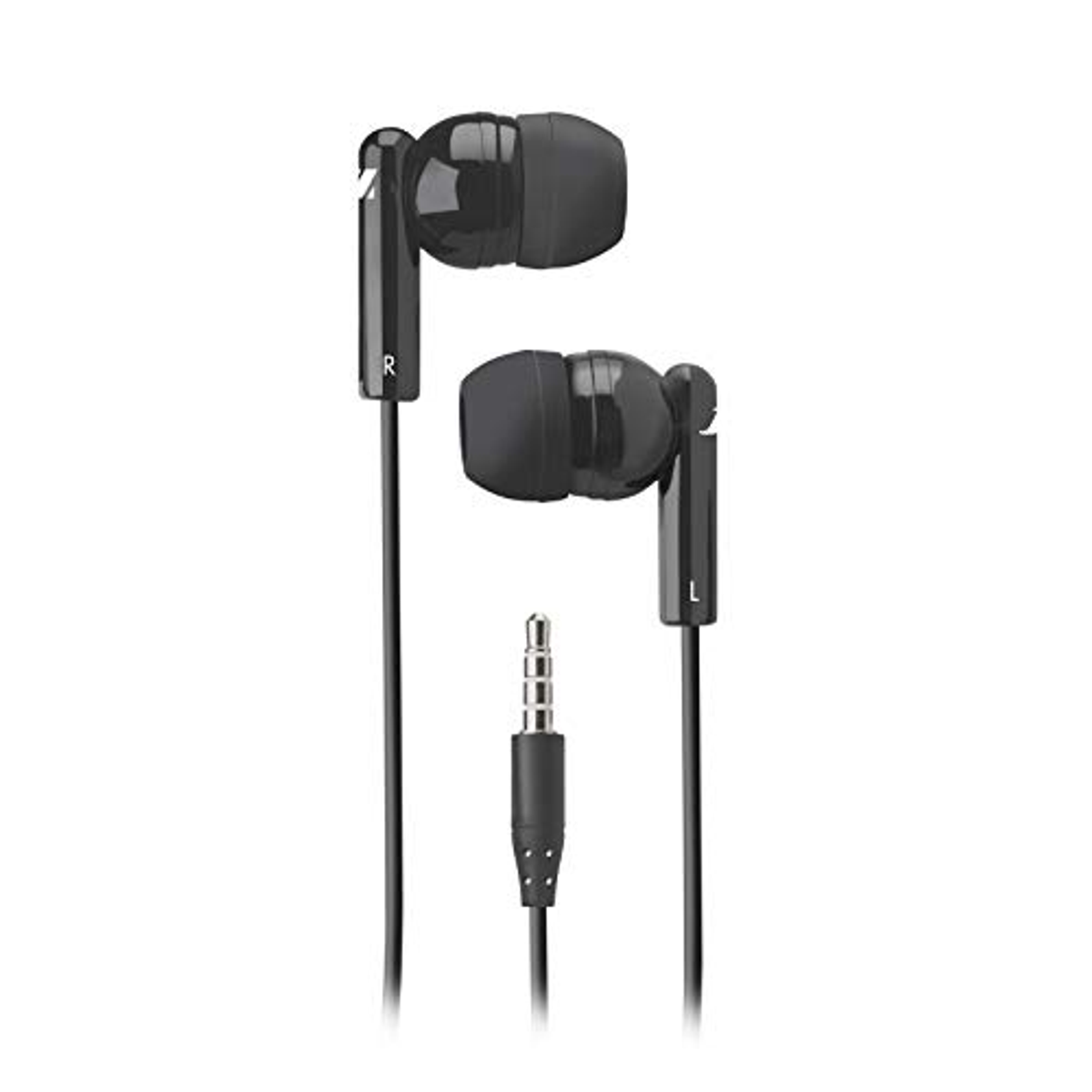 Black earbuds and a black jack connector. 'R' and 'L' are marked on the earbuds.