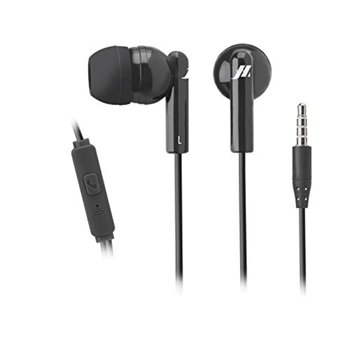 Black earphones with a button and a microphone. Black cord. White background.
