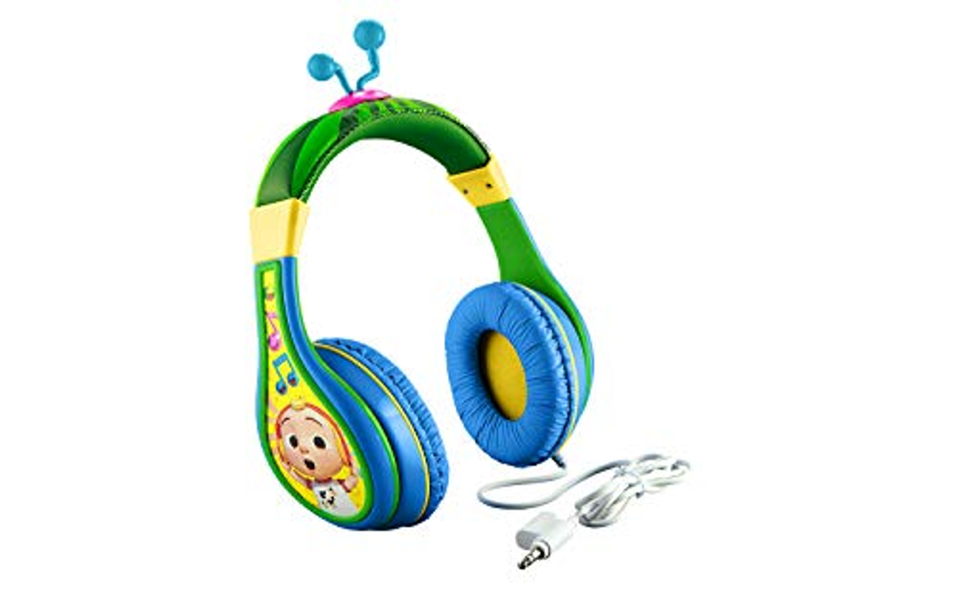 Cuffie colorate con un personaggio dei cartoni animati. Padiglioni blu, fascia verde e dettagli gialli.