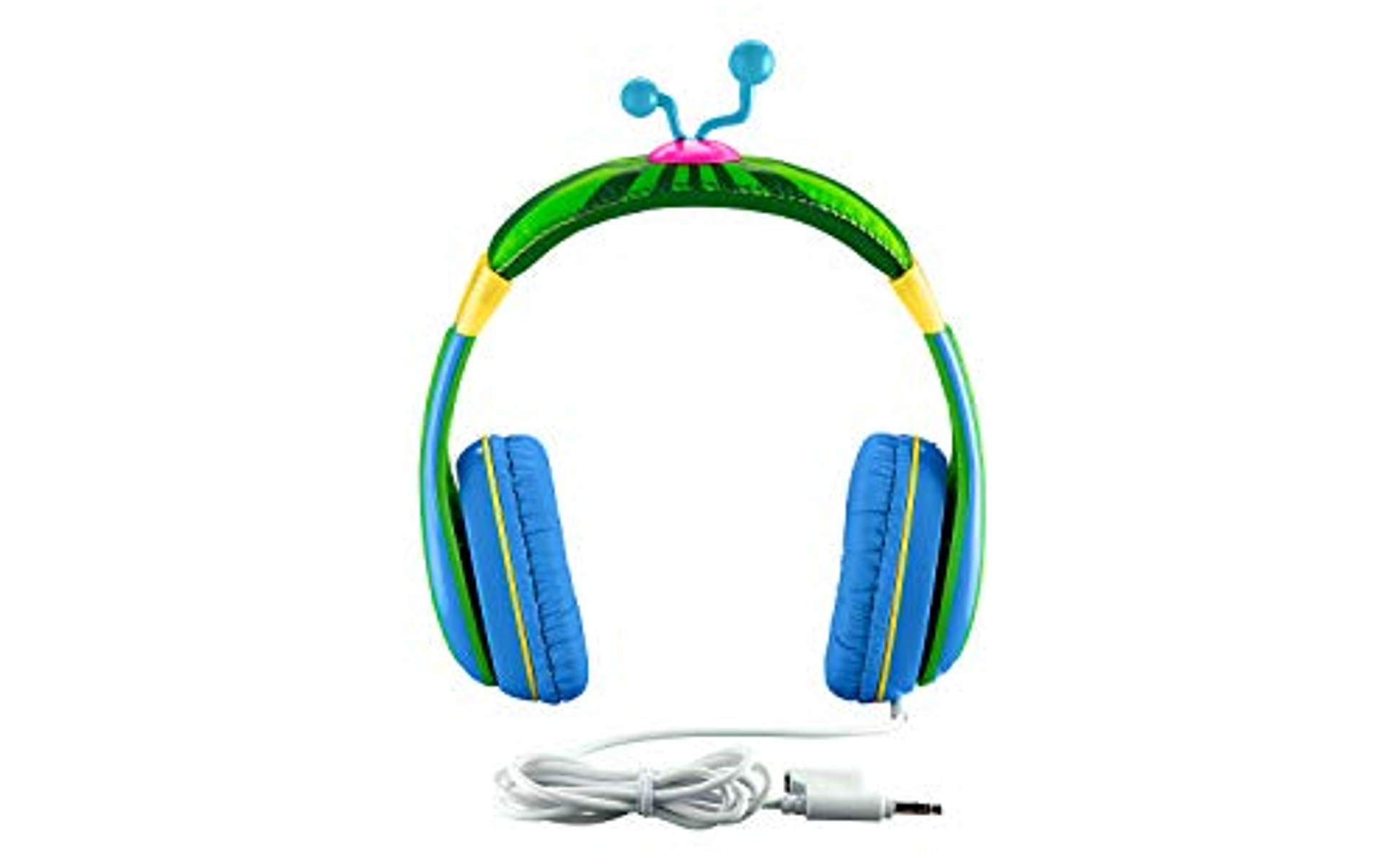 Cuffie colorate per bambini. Sono blu, verdi e bianche.