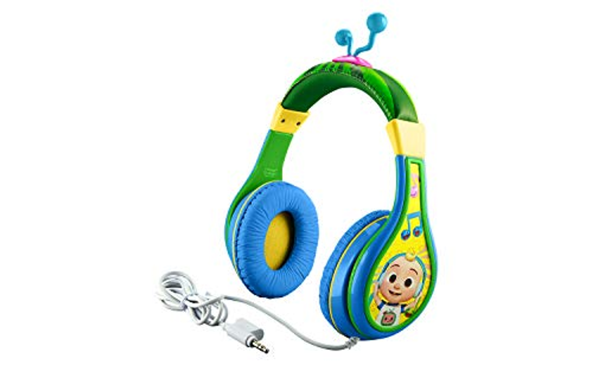 Cuffie colorate per bambini. Padiglioni blu con centri gialli. Fascia verde e gialla.