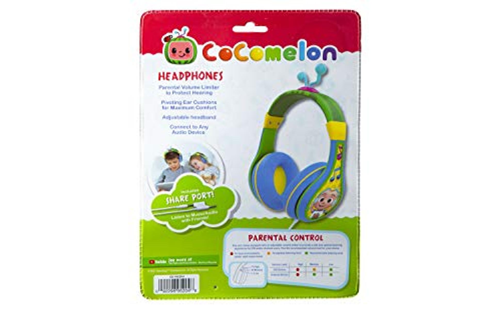 Cuffie per bambini, blu e verdi, confezionate su sfondo bianco.