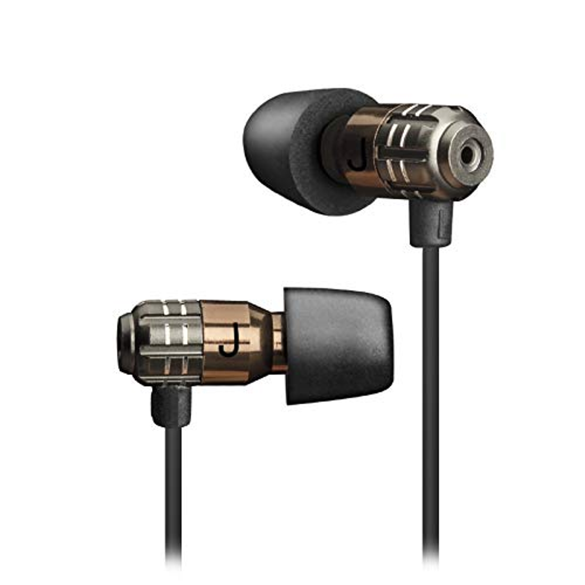 Dos auriculares internos, negro y dorado, con cables negros, sobre fondo blanco.