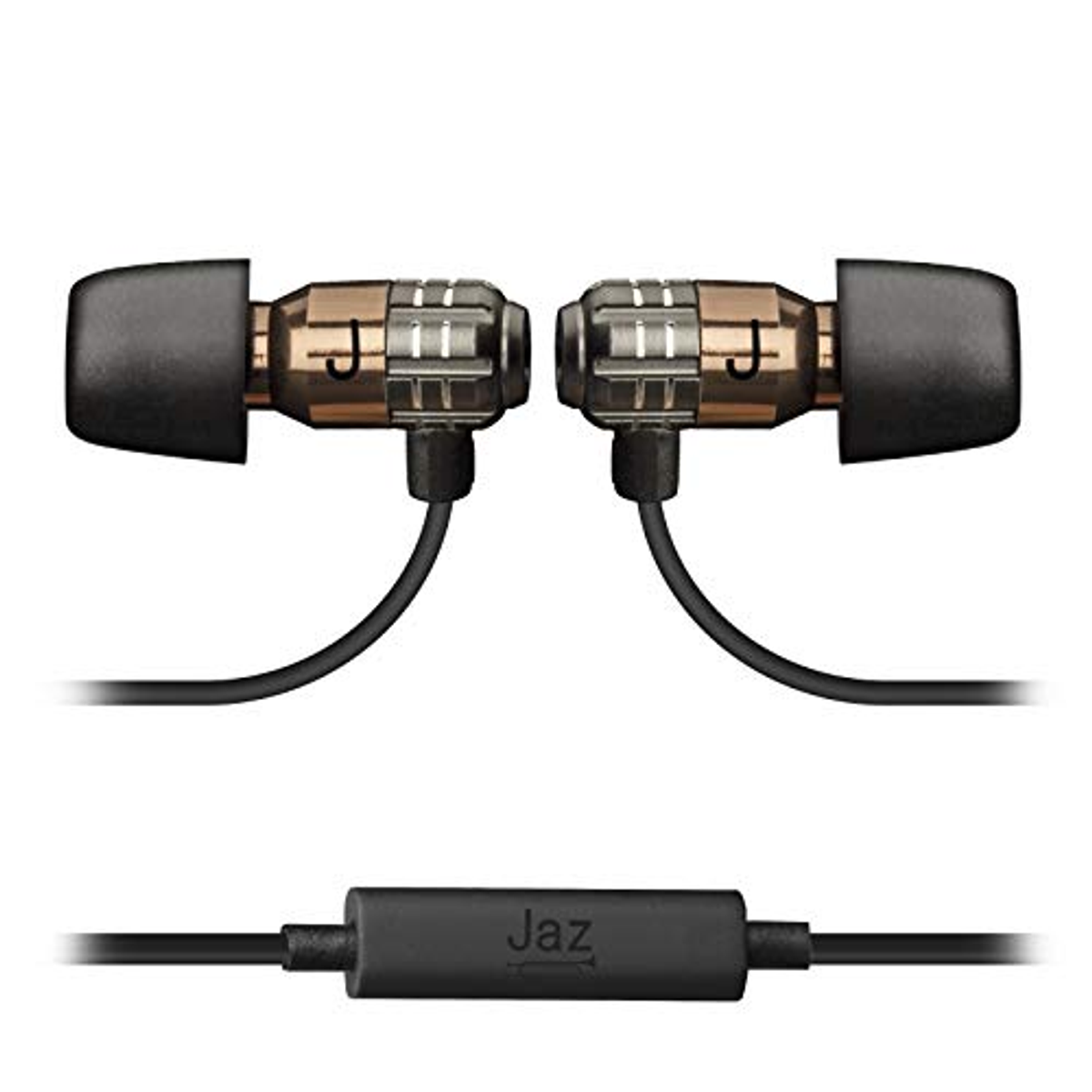 Auriculares con acentos metálicos y puntas negras. El texto dice 'Jaz' en el control.