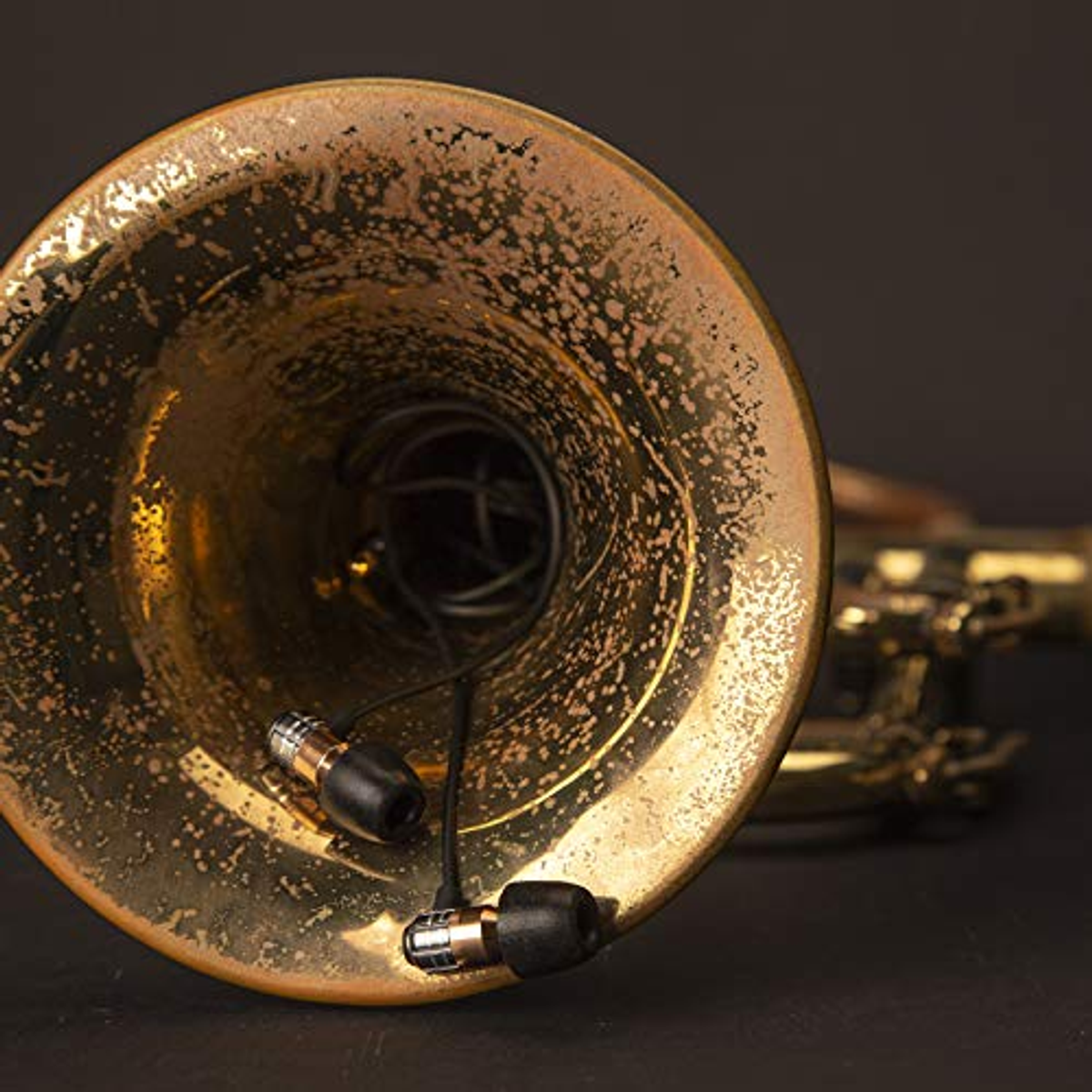 Auriculares dentro de un instrumento de latón dorado. Auriculares negros con cable negro.