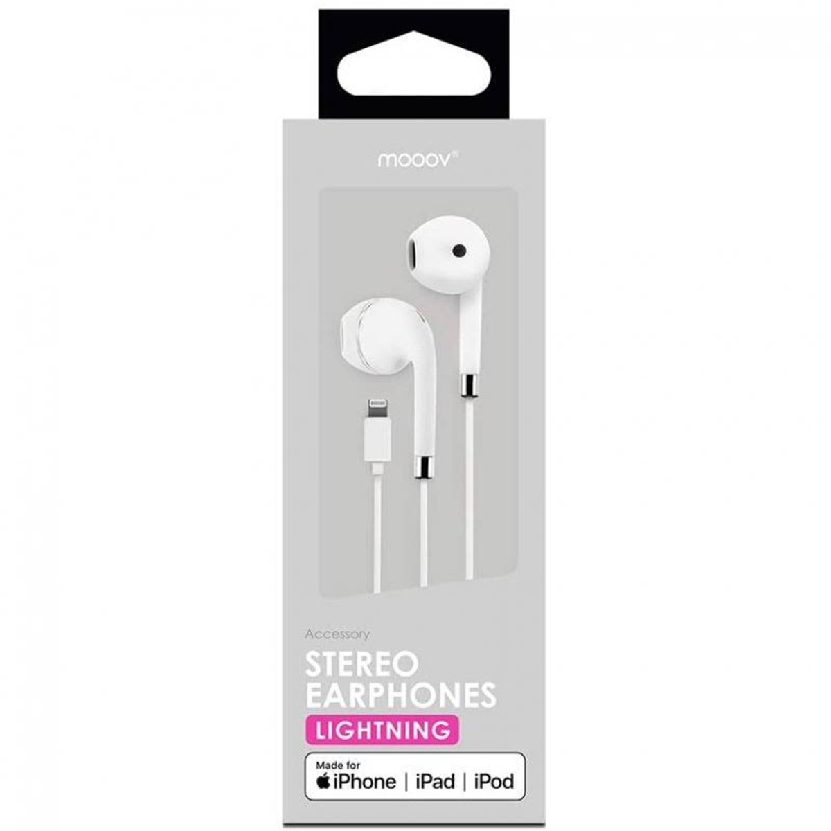 Auriculares estéreo blancos en un paquete. El paquete dice 'iPhone, iPad, iPod'.
