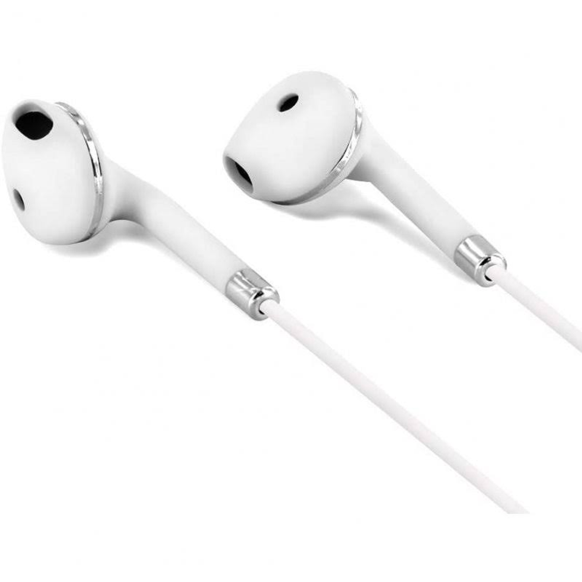 Auriculares blancos con acento plateado. Cable blanco.