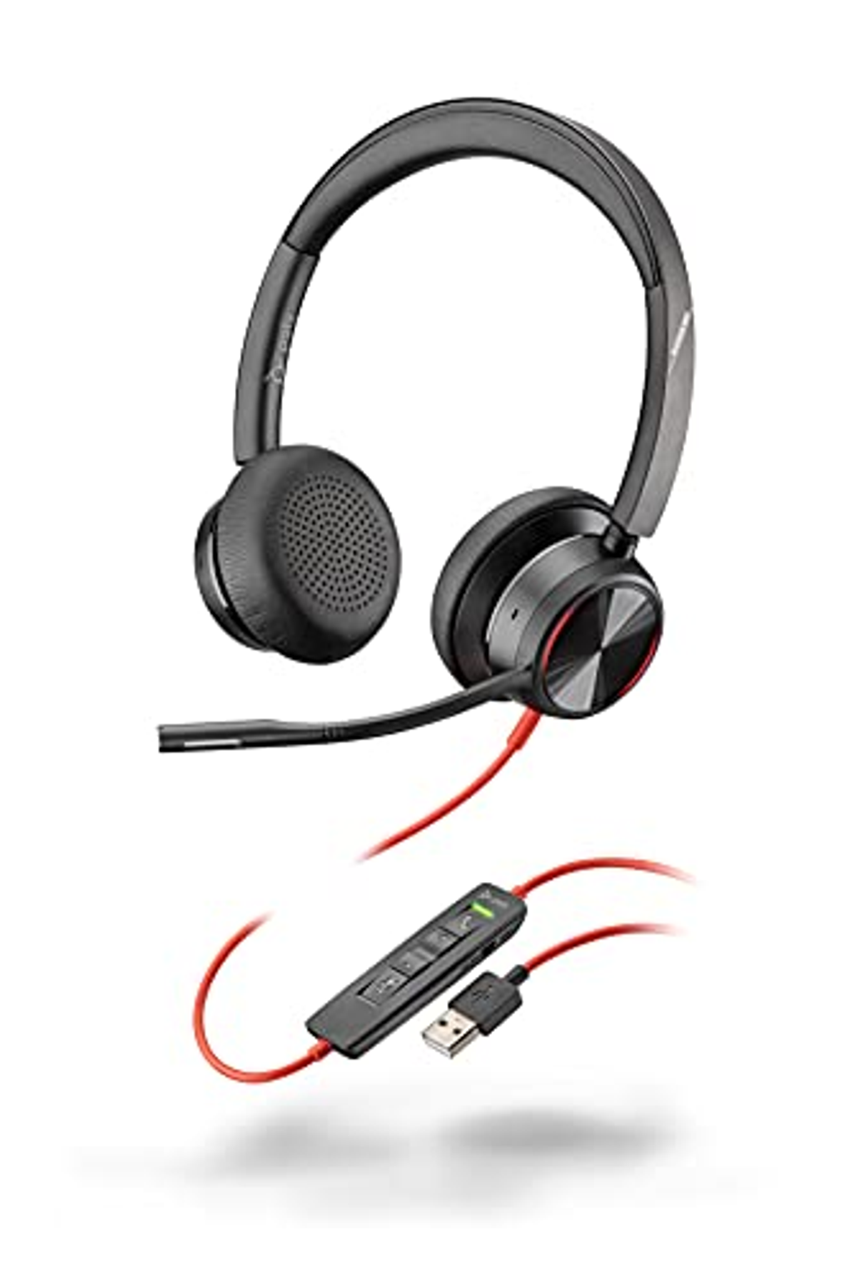 Auriculares negros con cable rojo, un control y una conexión USB.