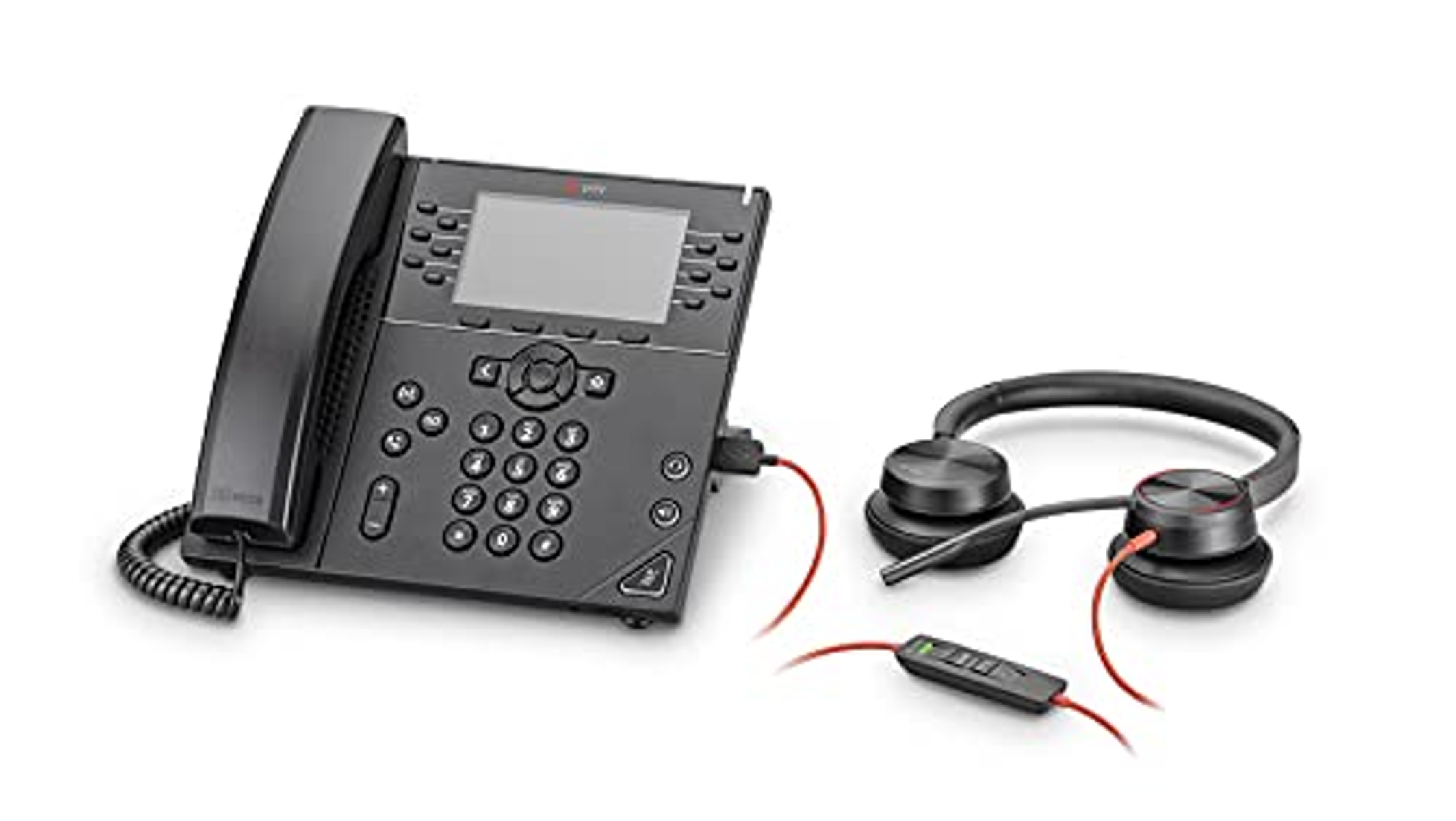 Teléfono de oficina negro con auriculares. Los auriculares tienen dos auriculares y un micrófono. Cable rojo visible.