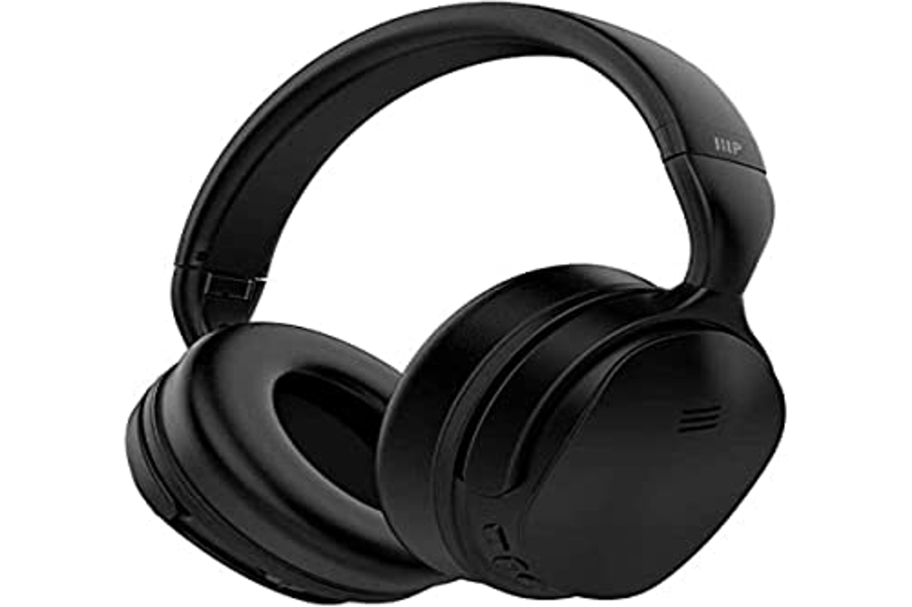 Auriculares circumaurales negros. Los auriculares están sobre un fondo blanco.